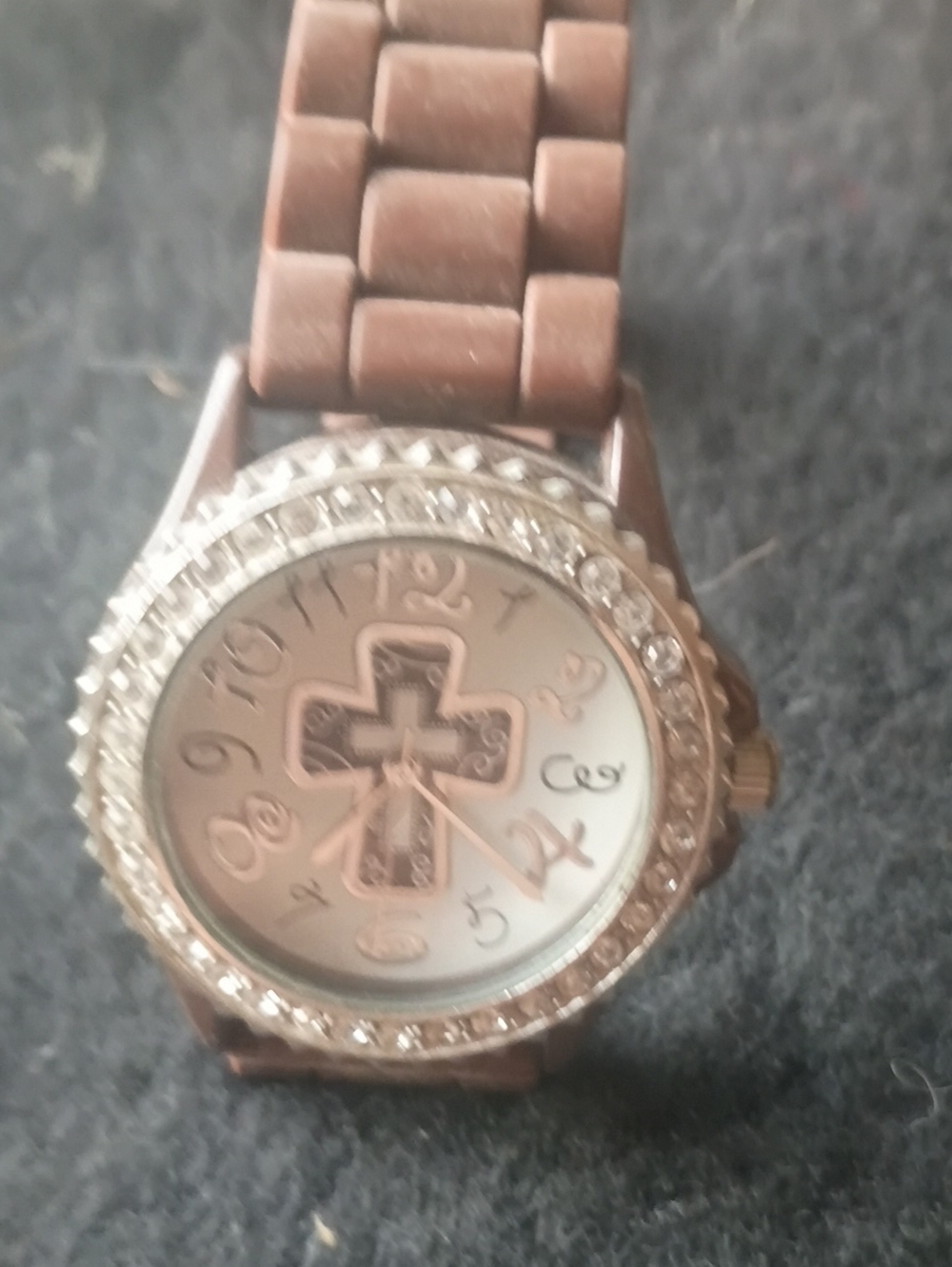 Geneva Platinum Watch Rhinestone Accent Cross Dial Brown Rubber Band